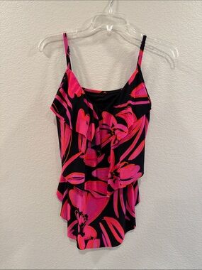 Aqua Green Black & Hot Pink Floral Ruffle One-Piece Swimsuit